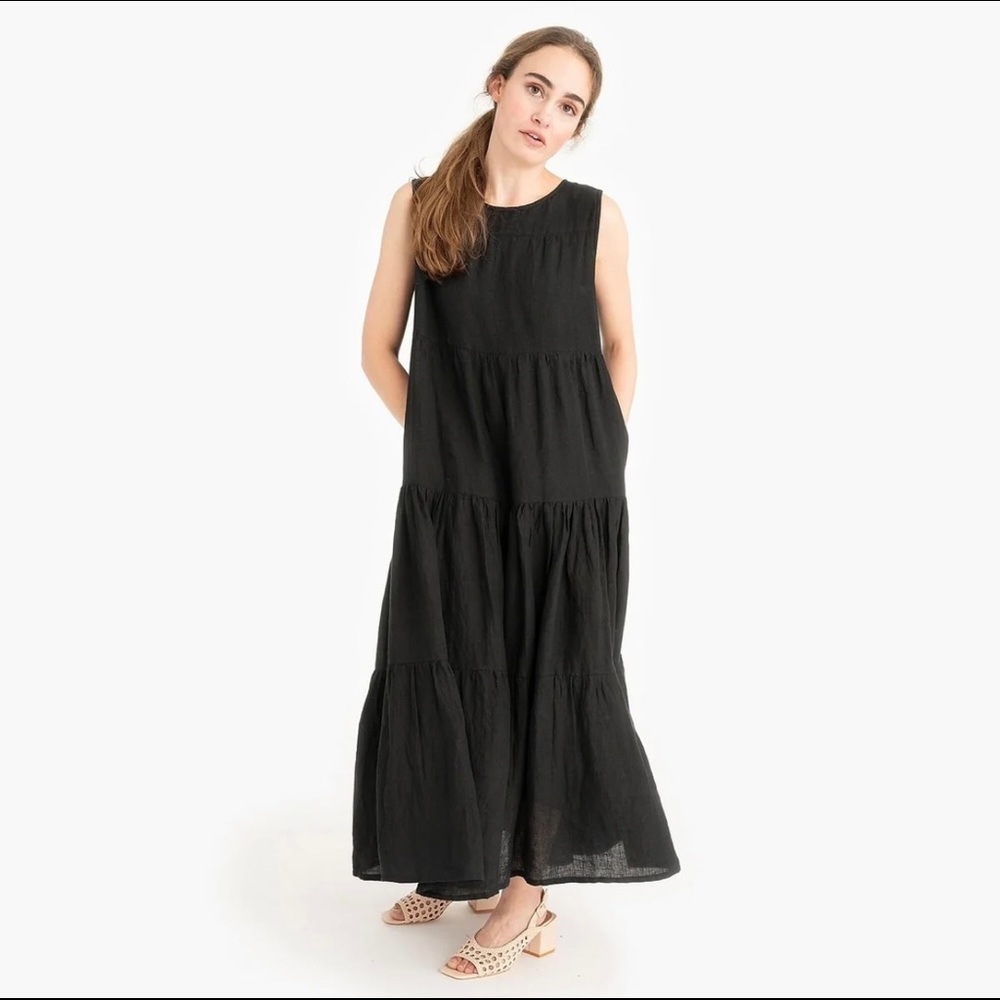 Tribe Alive, Black Maxi Tiered Linen Dress, NWT size XS